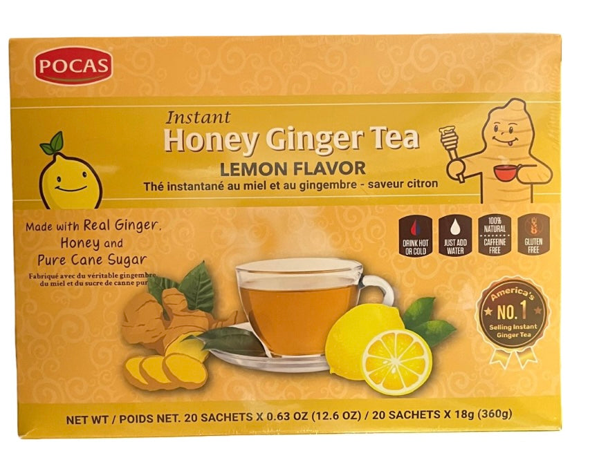 Pocas Honey Ginger Tea - Instant Tea Powder Packets with Soursop & Ginger Honey Crystals Tea, Non-GMO/Gluten Free/Caffeine Free Tea, 20 Count