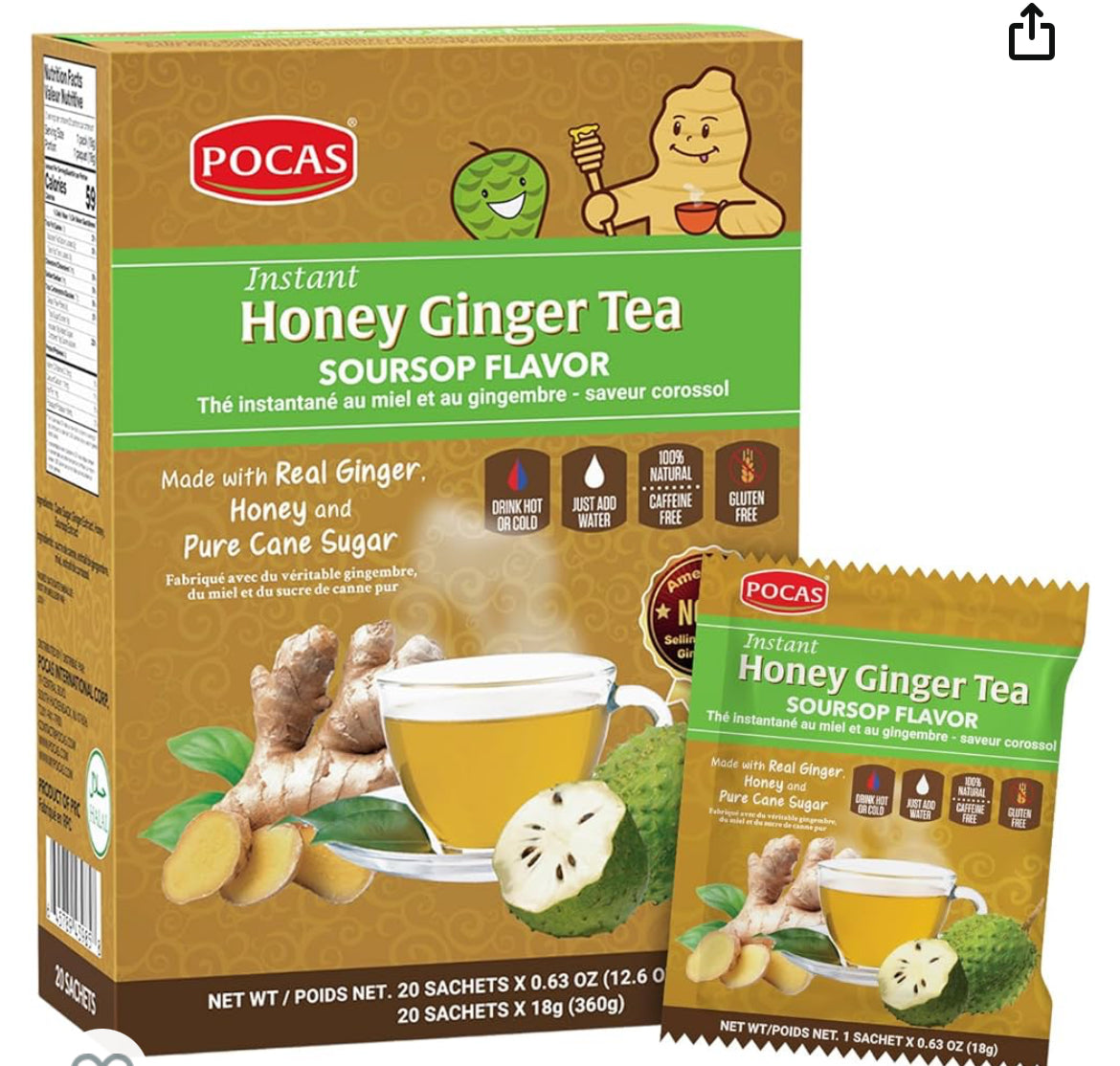 Pocas Honey Ginger Tea - Instant Tea Powder Packets with Soursop & Ginger Honey Crystals Tea, Non-GMO/Gluten Free/Caffeine Free Tea, 20 Count