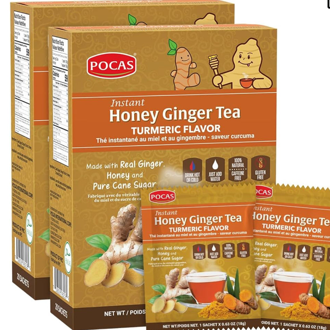 Pocas Honey Ginger Tea - Instant Tea Powder Packets with Turmeric Ginger Honey Crystals Tea, Non-GMO/Gluten Free/Caffeine Free Tea, 20 Count (Pack of 2)