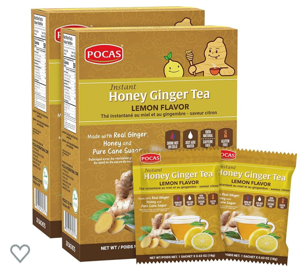 Pocas Honey Ginger Tea - Instant Tea Powder Packets with Soursop & Ginger Honey Crystals Tea, Non-GMO/Gluten Free/Caffeine Free Tea, 20 Count